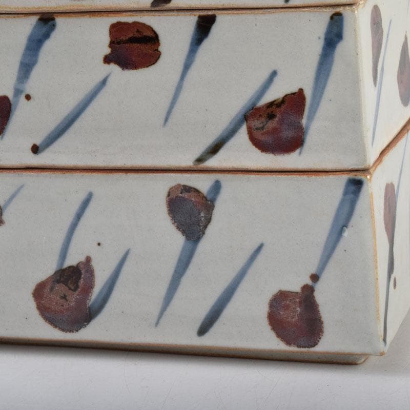 和食器　袖師焼　四代　尾野晋也作　呉須文　重箱　共布共箱　V　8774