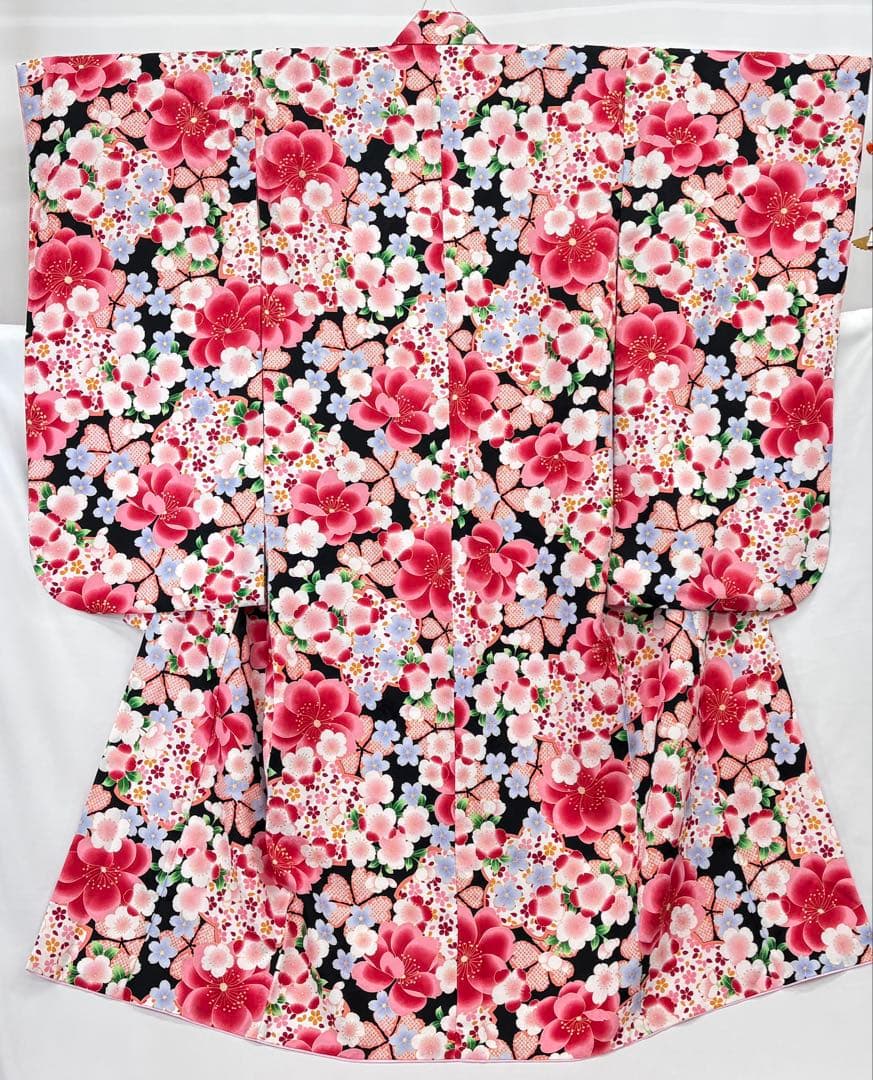 七五三　7ー8才女児　着物・はこせこセット　花々桜《子供493》#江戸小もーん