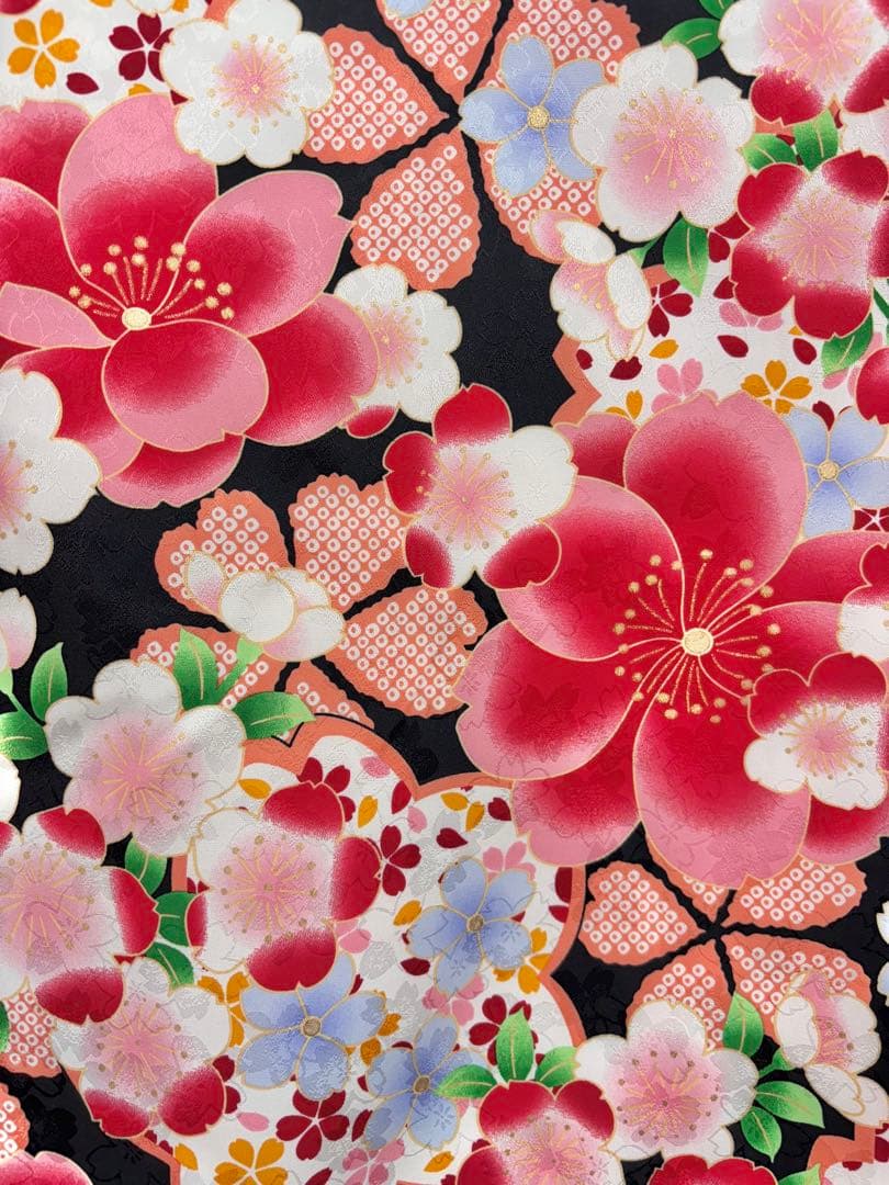 七五三　7ー8才女児　着物・はこせこセット　花々桜《子供493》#江戸小もーん