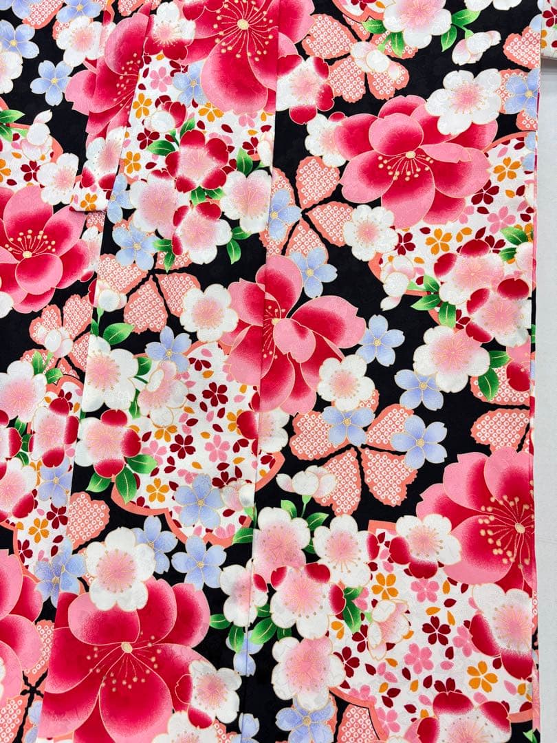 七五三　7ー8才女児　着物・はこせこセット　花々桜《子供493》#江戸小もーん