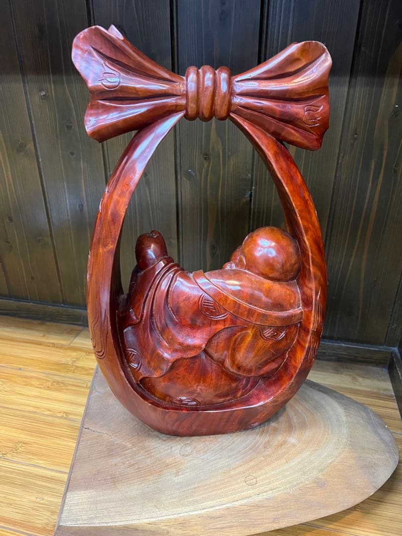 木製　リボン付き　仏像　布袋様　福の神　運気上昇