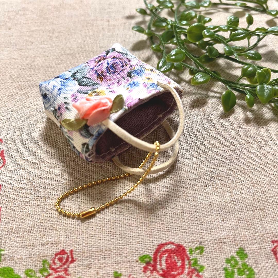 No.2302-4 ミニチュアトートサシェ（香り袋）ピンクとブルーのローズ柄