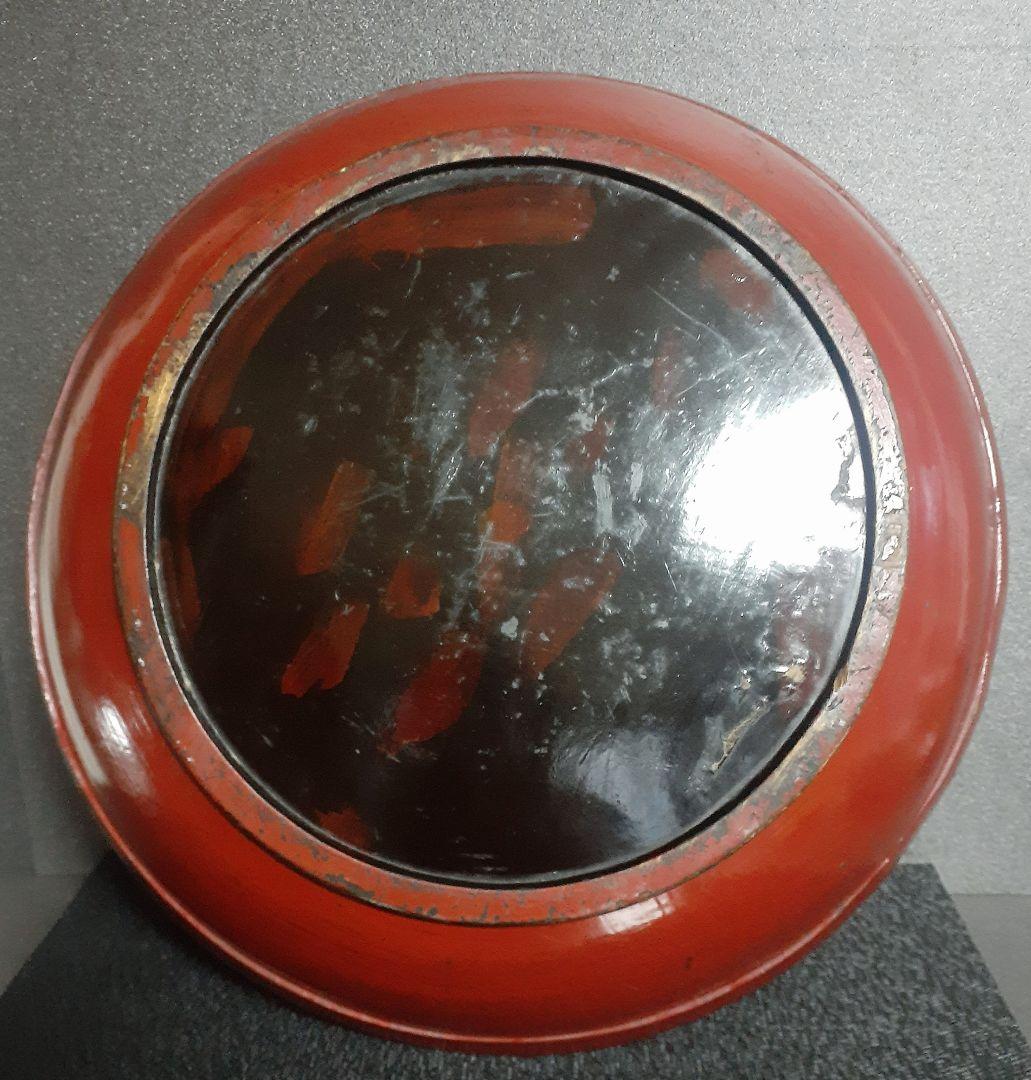 【古民芸】明治時代頃　本天然木　くり貫き　朱漆塗り　42.9cm　こね鉢　盆