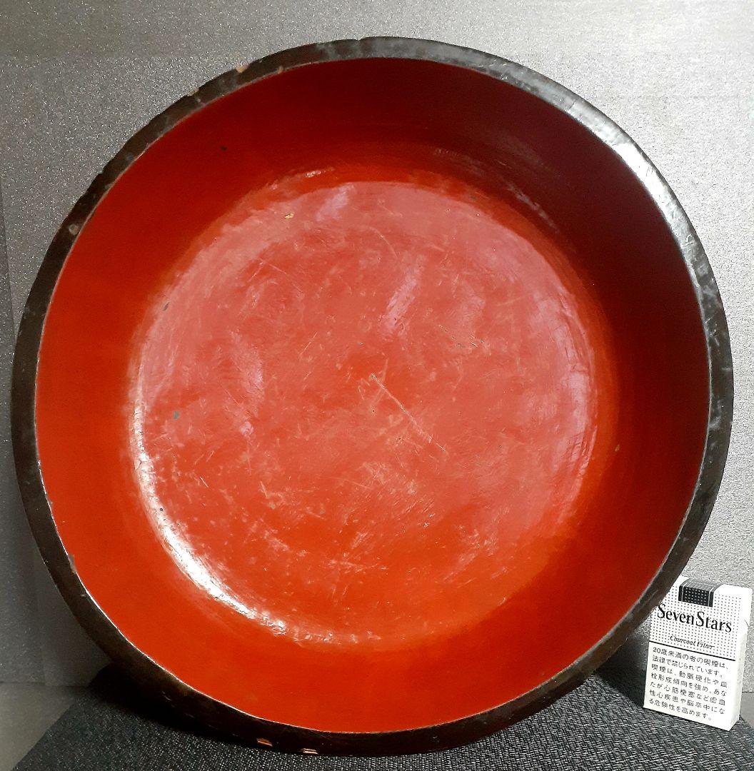 【古民芸】明治時代頃　本天然木　くり貫き　朱漆塗り　42.9cm　こね鉢　盆