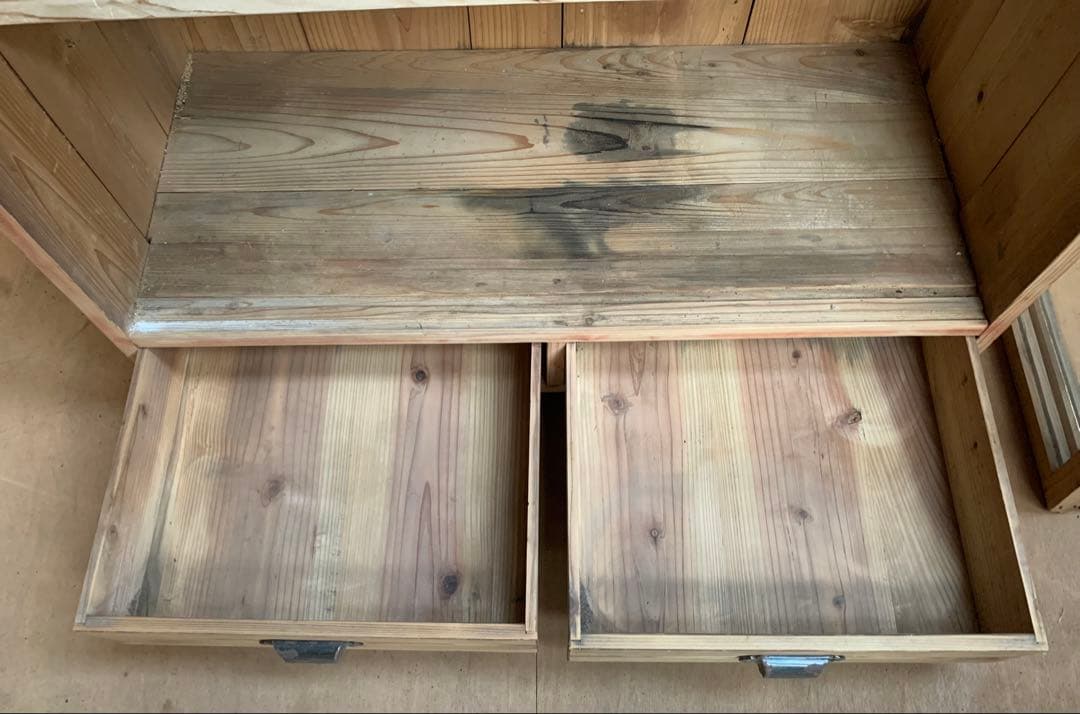 古い木全面ガラス収納陳列棚戸　引き出し2杯　店舗什器古家具