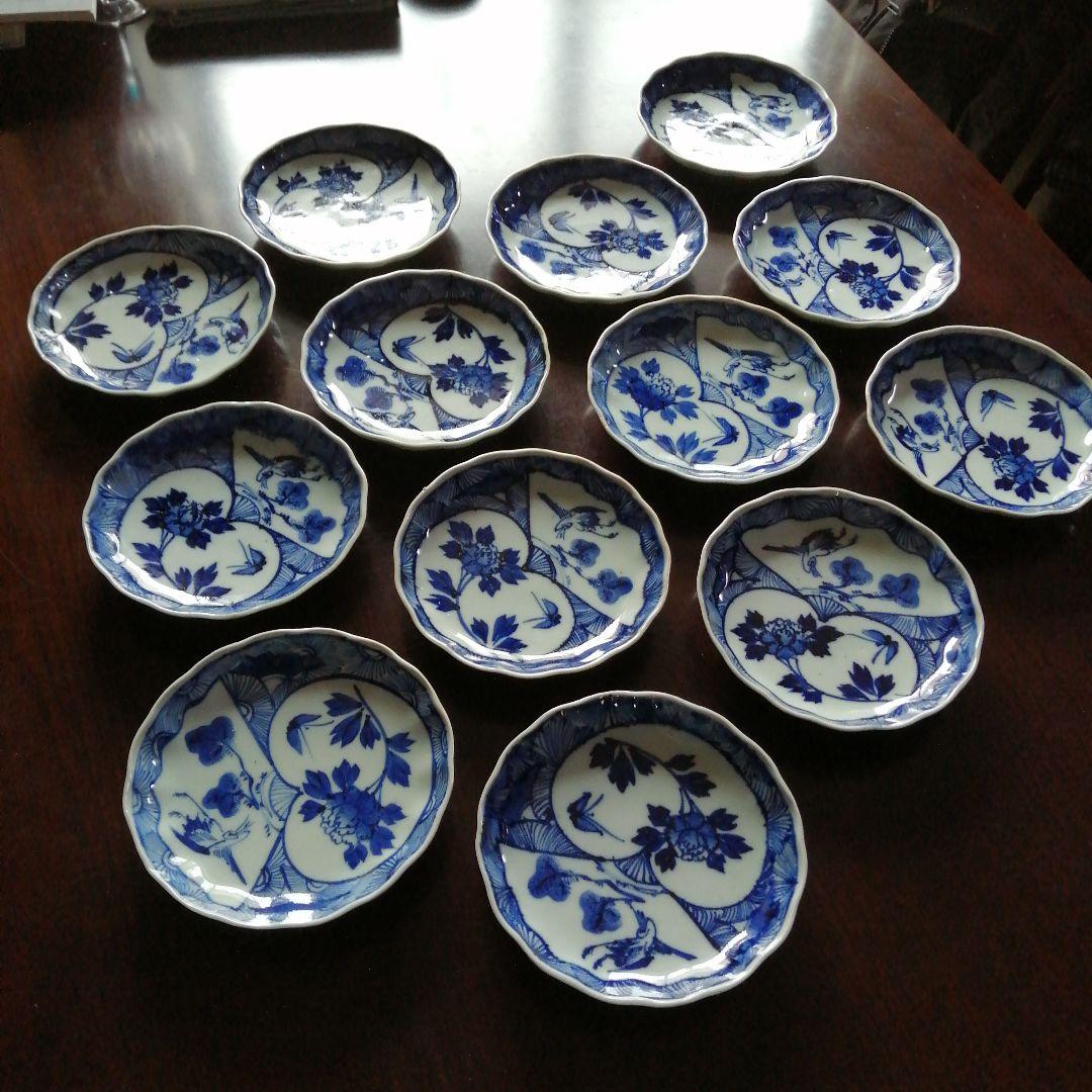 伊万里　染付線描扇紋中皿　13枚　15.7cm　江戸後期～明治初期