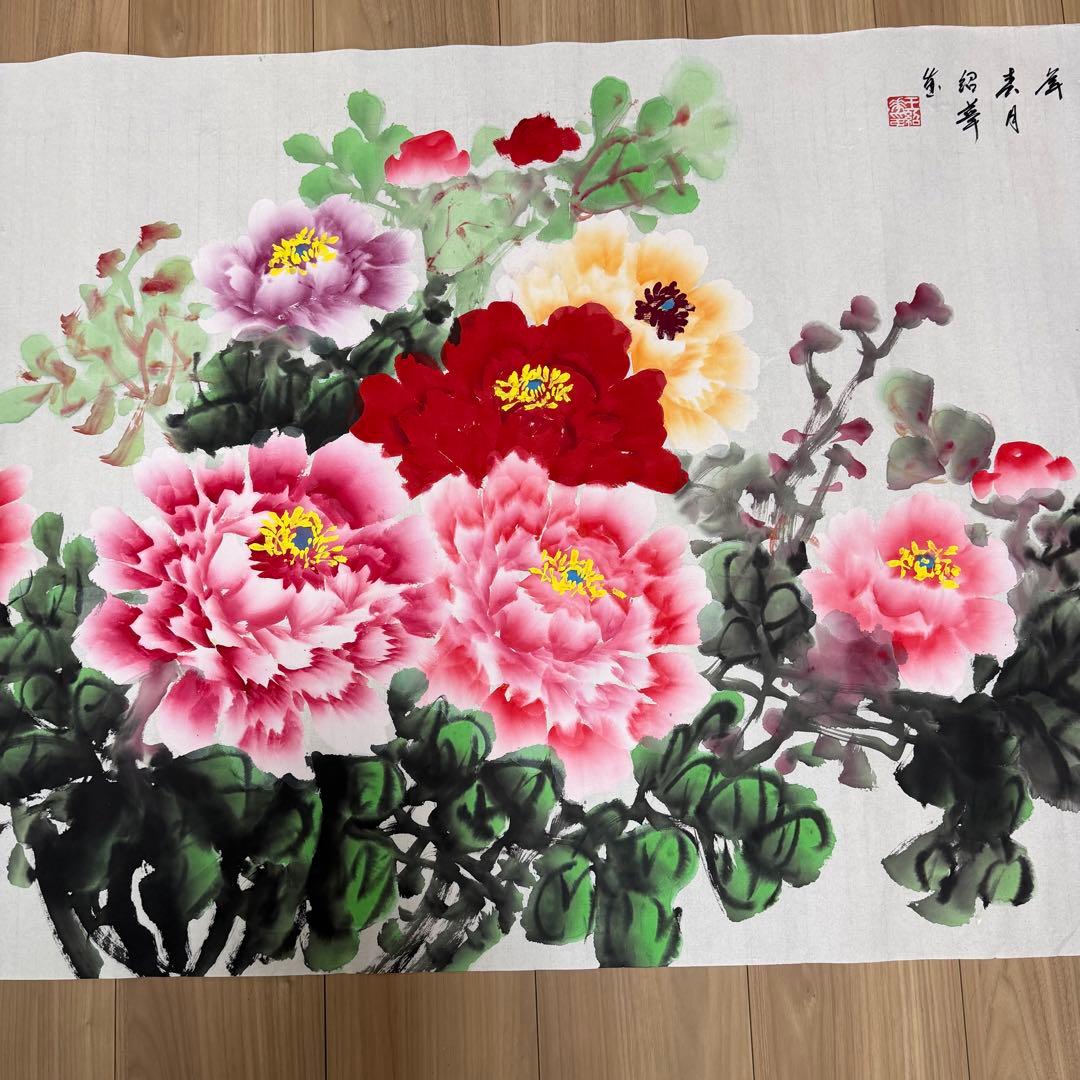 絹本　肉筆　花開富貴　牡丹　絵