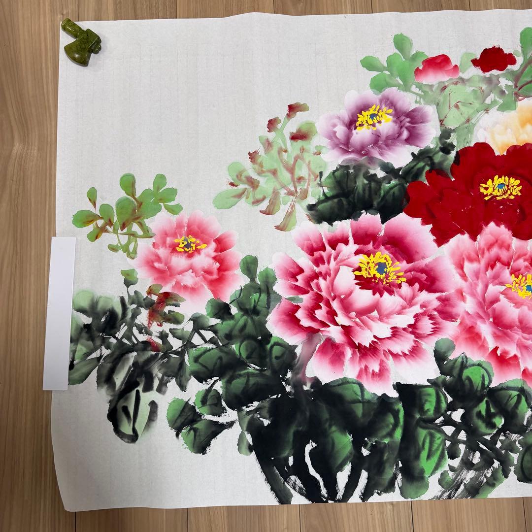 絹本　肉筆　花開富貴　牡丹　絵