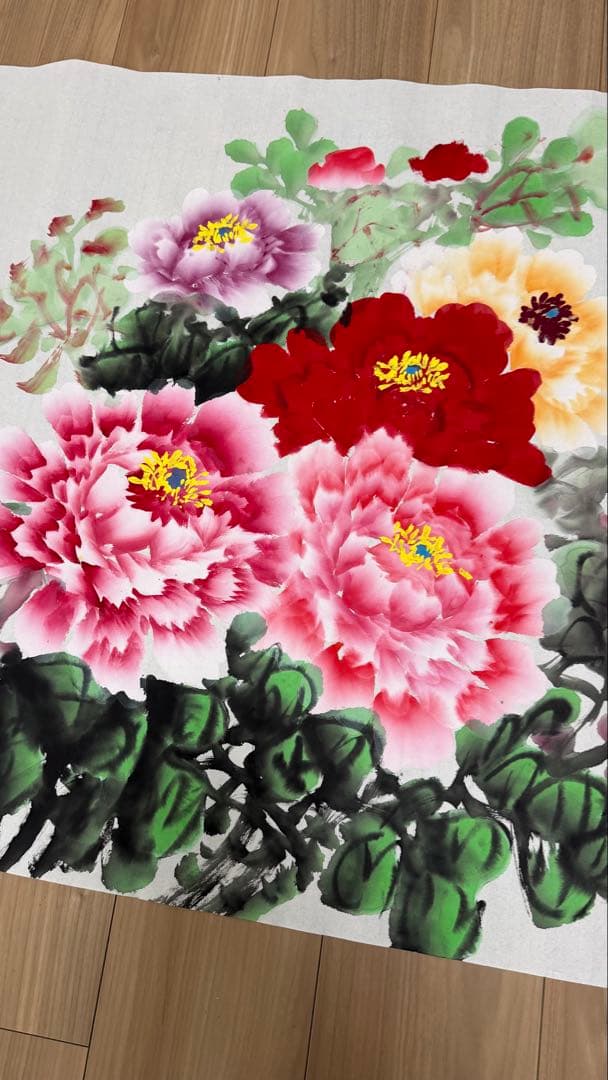 絹本　肉筆　花開富貴　牡丹　絵