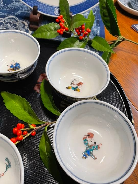 オールド九谷青郊　唐子　絵変わり　湯呑　小鉢