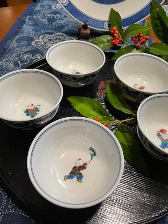 オールド九谷青郊　唐子　絵変わり　湯呑　小鉢