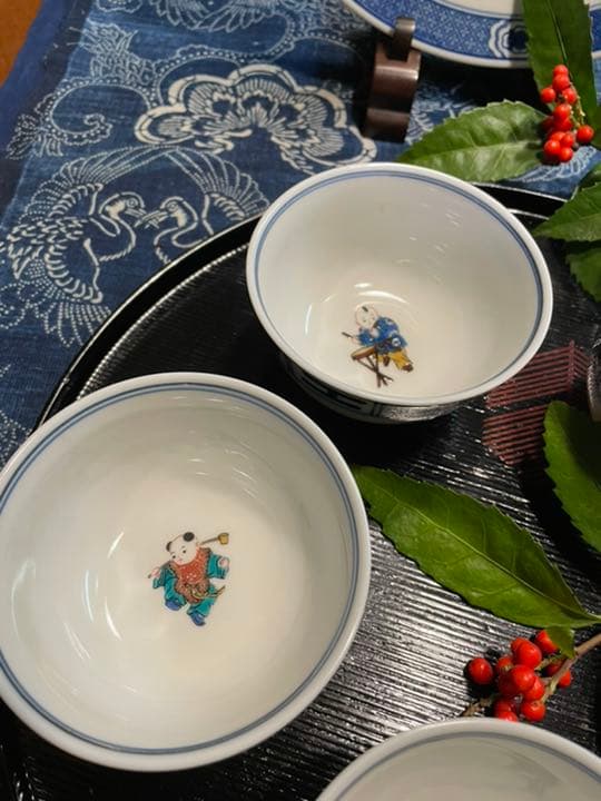 オールド九谷青郊　唐子　絵変わり　湯呑　小鉢
