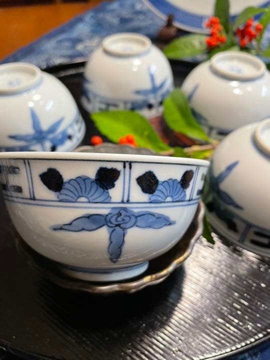 オールド九谷青郊　唐子　絵変わり　湯呑　小鉢