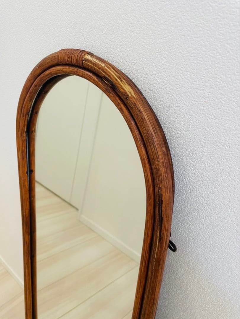 アーチ型 ラタンフレーム ミラー 姿見　コンパクト
