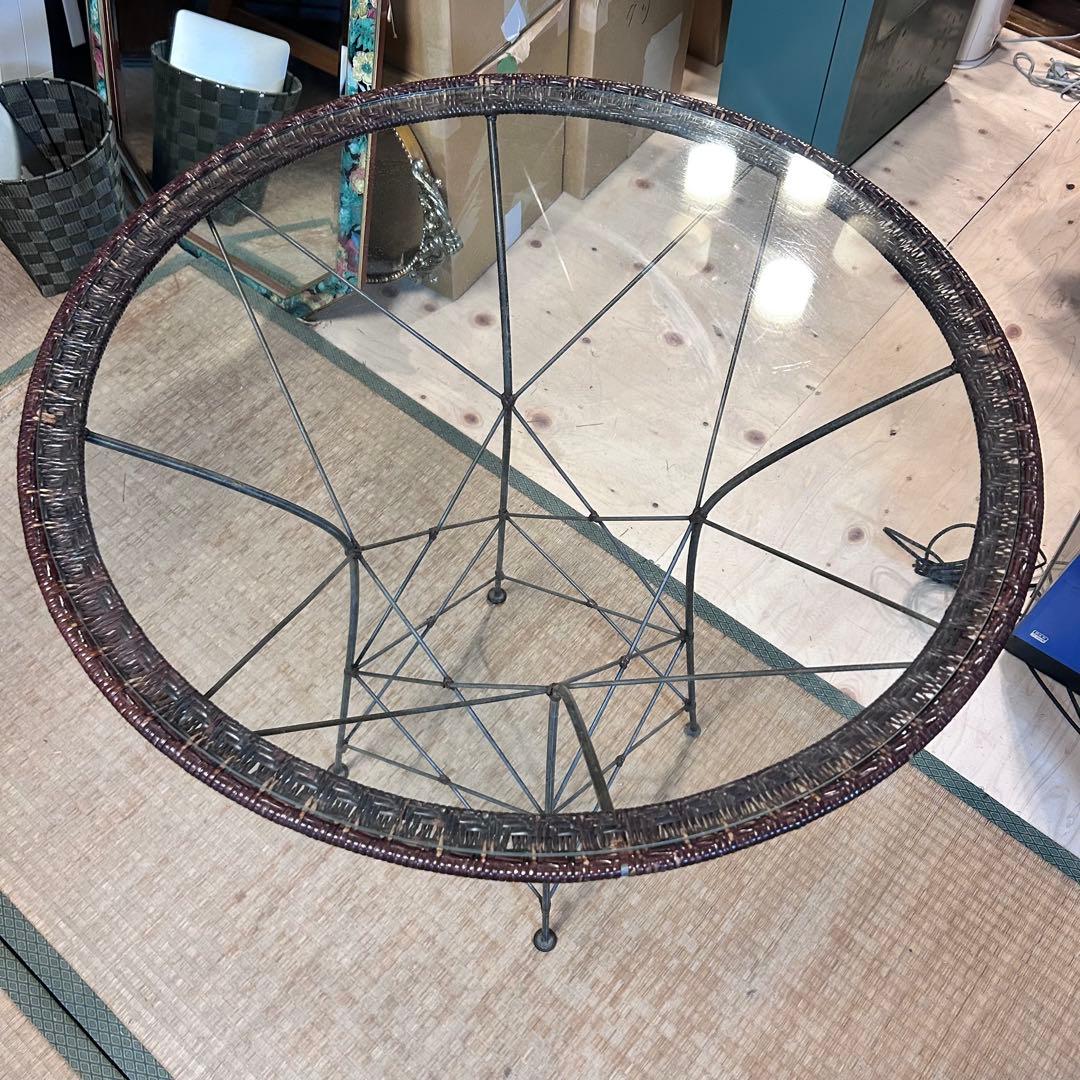 ヤマカワラタン 山川ラタン　ガラステーブル 丸テーブル 籐×ガラス　剣持勇