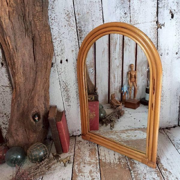 70-80s ヴィンテージ ラタン フレーム ウォールミラー 籐 壁掛け鏡 天然