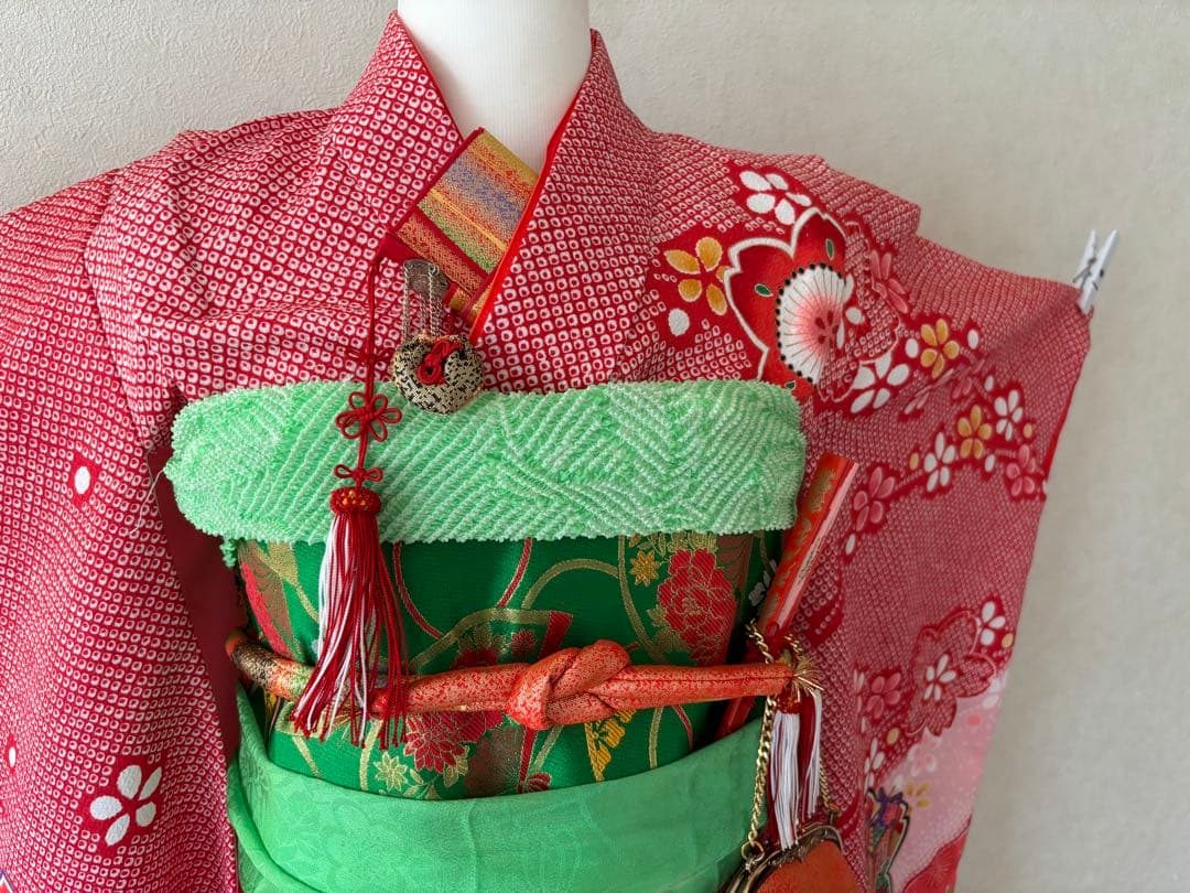 c*u様 美品 ７歳 七五三 お着物セット 作り帯 バッグ 草履 帯揚げ しごき