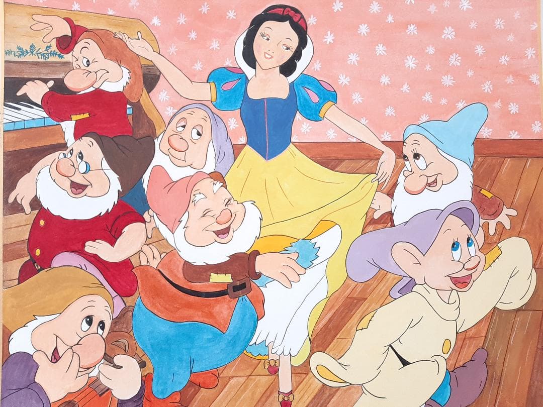 手描きイラスト ディズニー 白雪姫と七人の小人 色紙 水彩画