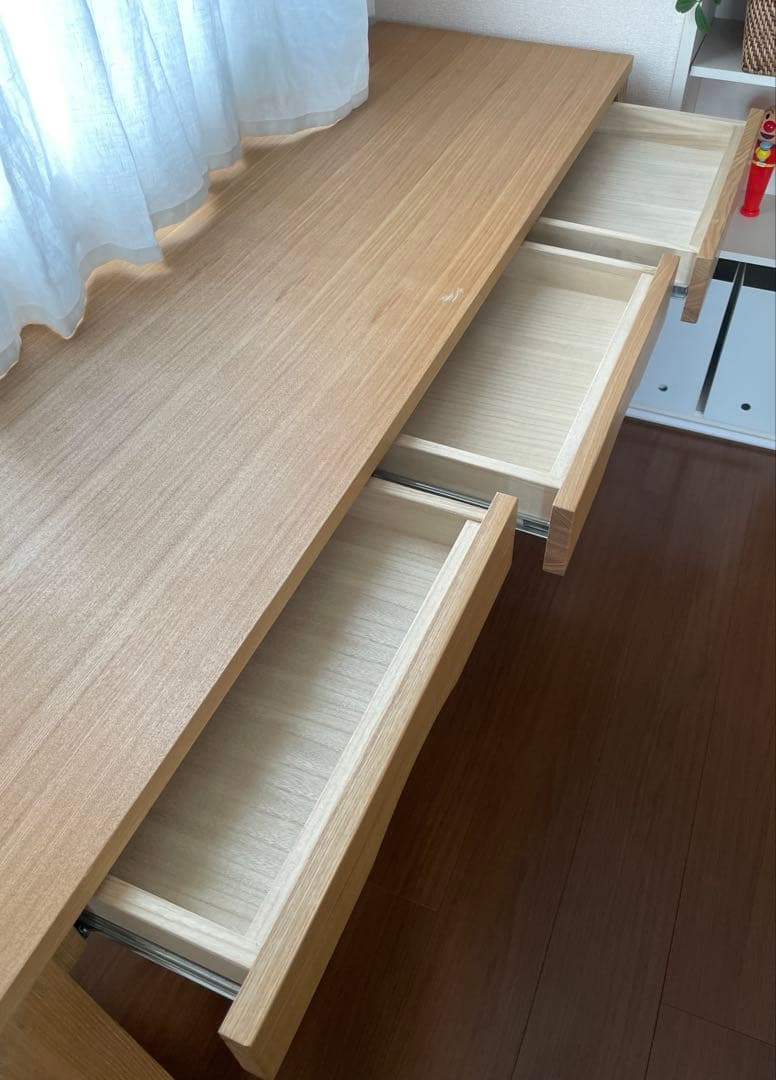 【売約済】天然木タモ突板デスク 幅150cm奥行45cm引出あり北欧風 長机