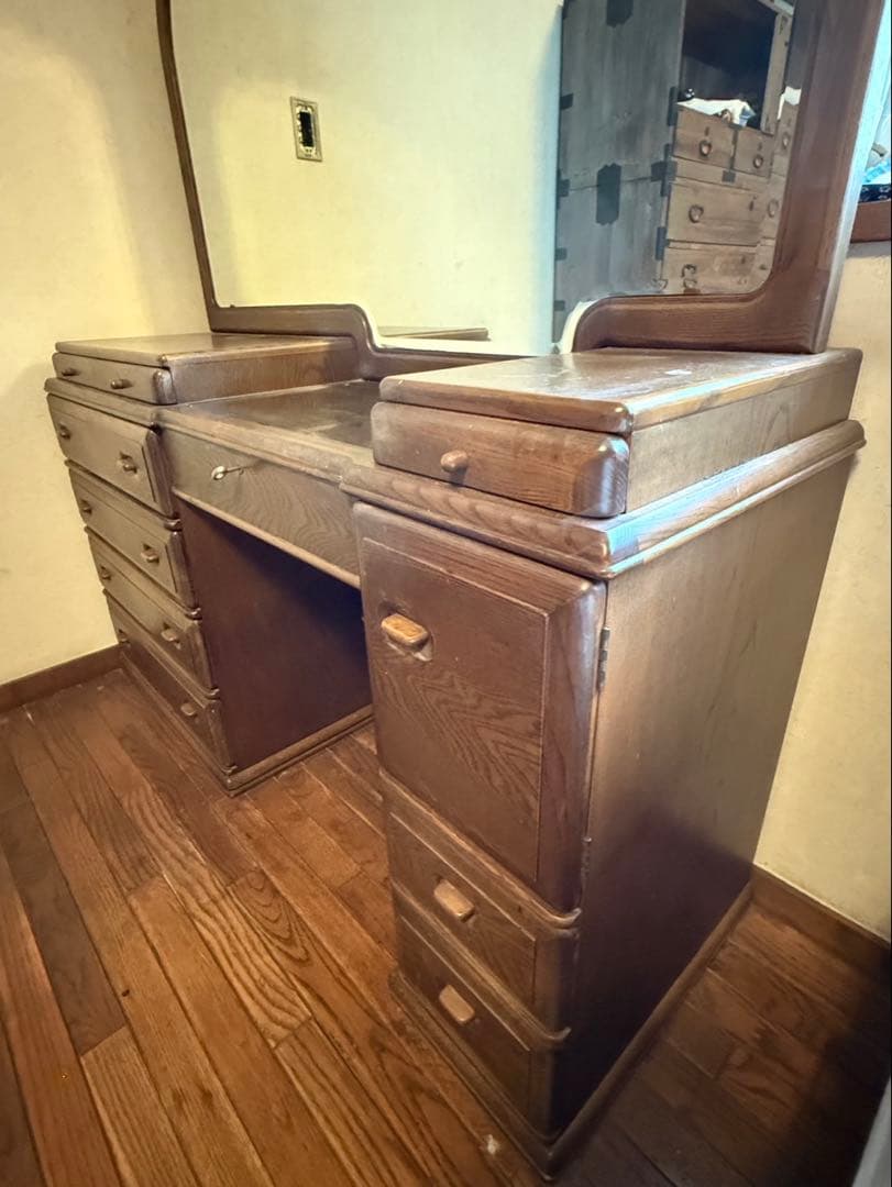 家具　鏡台ドレッサー杢目天然無垢？巨匠作品芸術美術骨董アンティーク　コンセント付