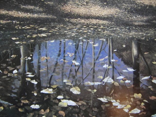 田中芳照、【落葉の池】、希少な画集画、新品高級額 額装付、状態良好