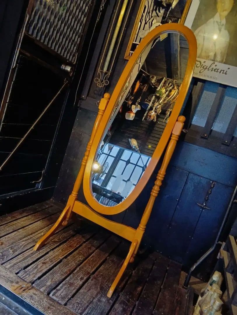 オーバル　コロニアル　スタンド　ミラー　ナチュラル　無垢材　姿見　全身鏡