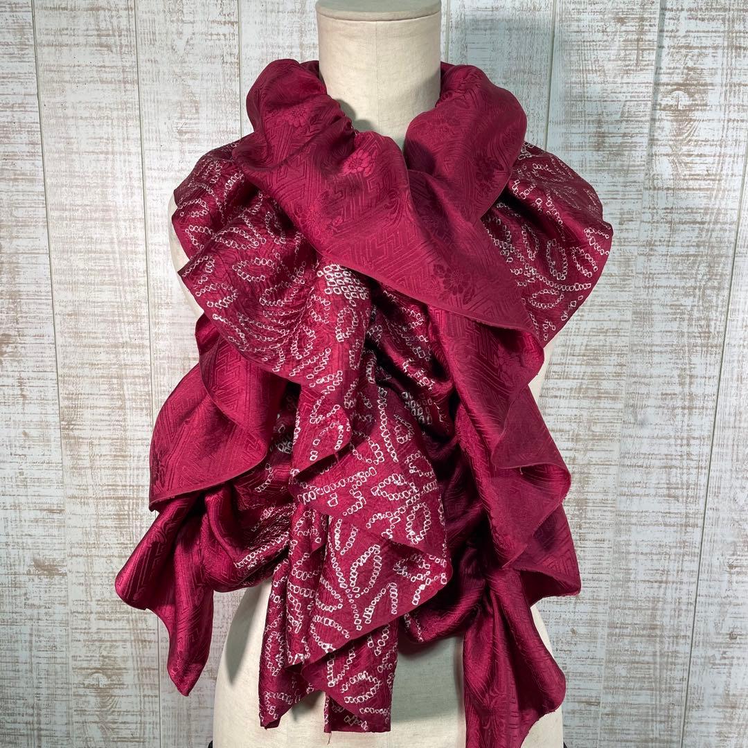 着物リメイク＊希少ボルドー正絹綸子＆絞り柄出しふわふわ＆ひらひら