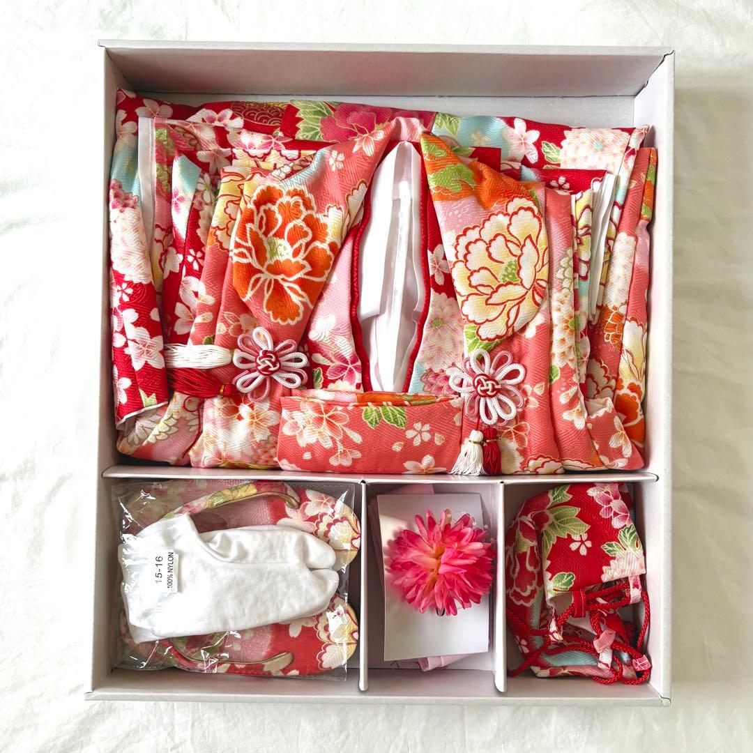 七五三 ３歳 女の子 着物セット 被布 フルセット 9点セット 赤 朱色 花柄