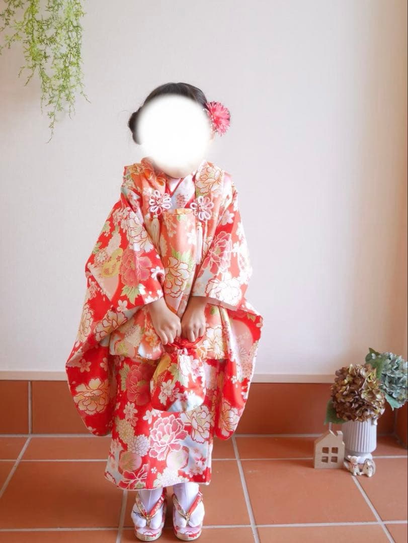 七五三 ３歳 女の子 着物セット 被布 フルセット 9点セット 赤 朱色 花柄