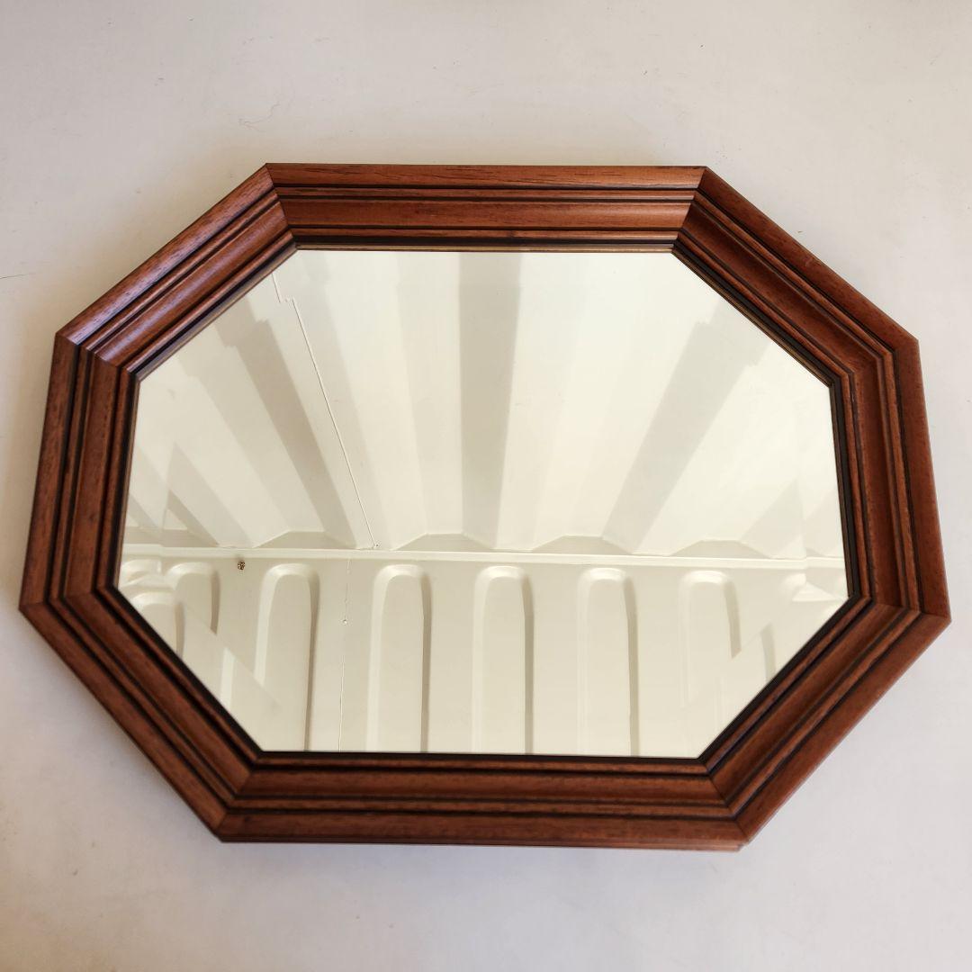 イタリア製　ヴィンテージ　ウォールナット　8角形　ウォールミラー 壁掛け鏡