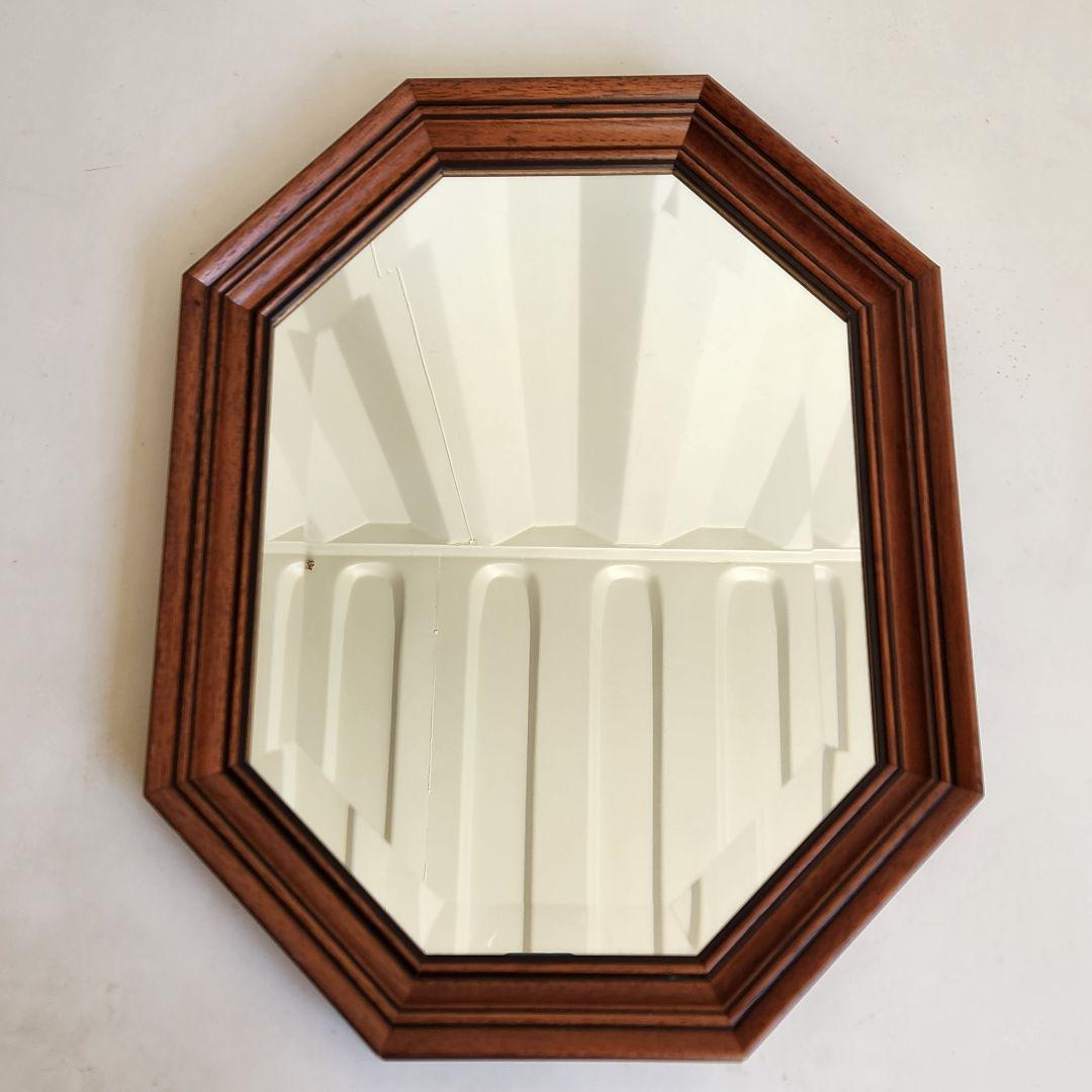 イタリア製　ヴィンテージ　ウォールナット　8角形　ウォールミラー 壁掛け鏡