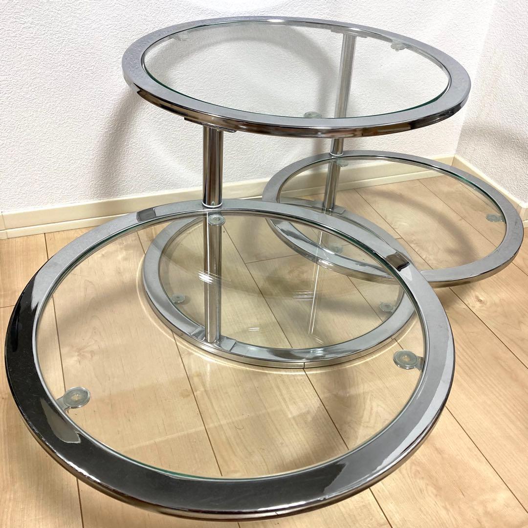 ミッドセンチュリー ラウンドテーブル 4段 丸型 北欧 ビンテージ 強化ガラス