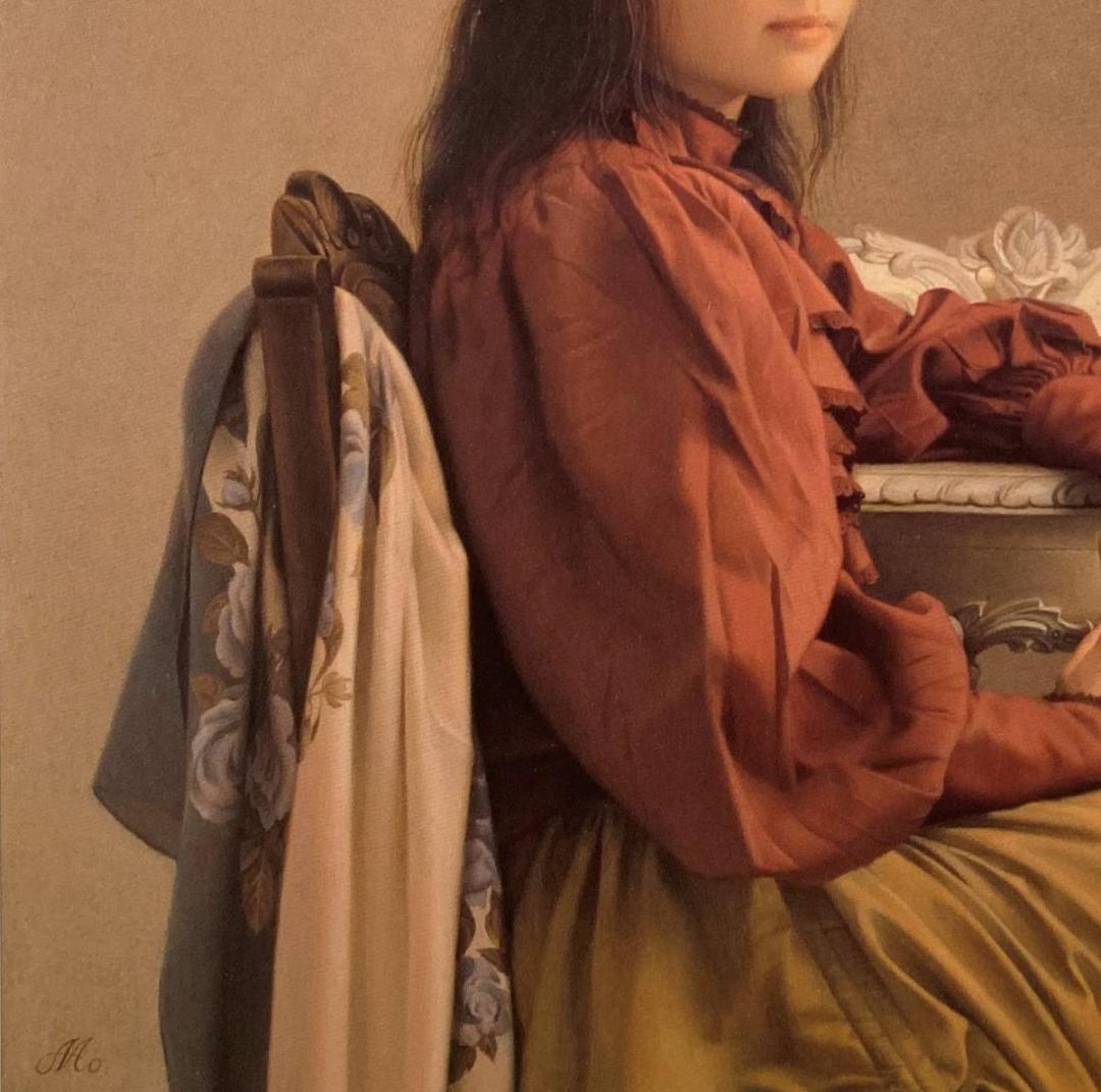 森本草介、【えんじ色の帽子】、希少な額装用画集画、新品高級額 額装付