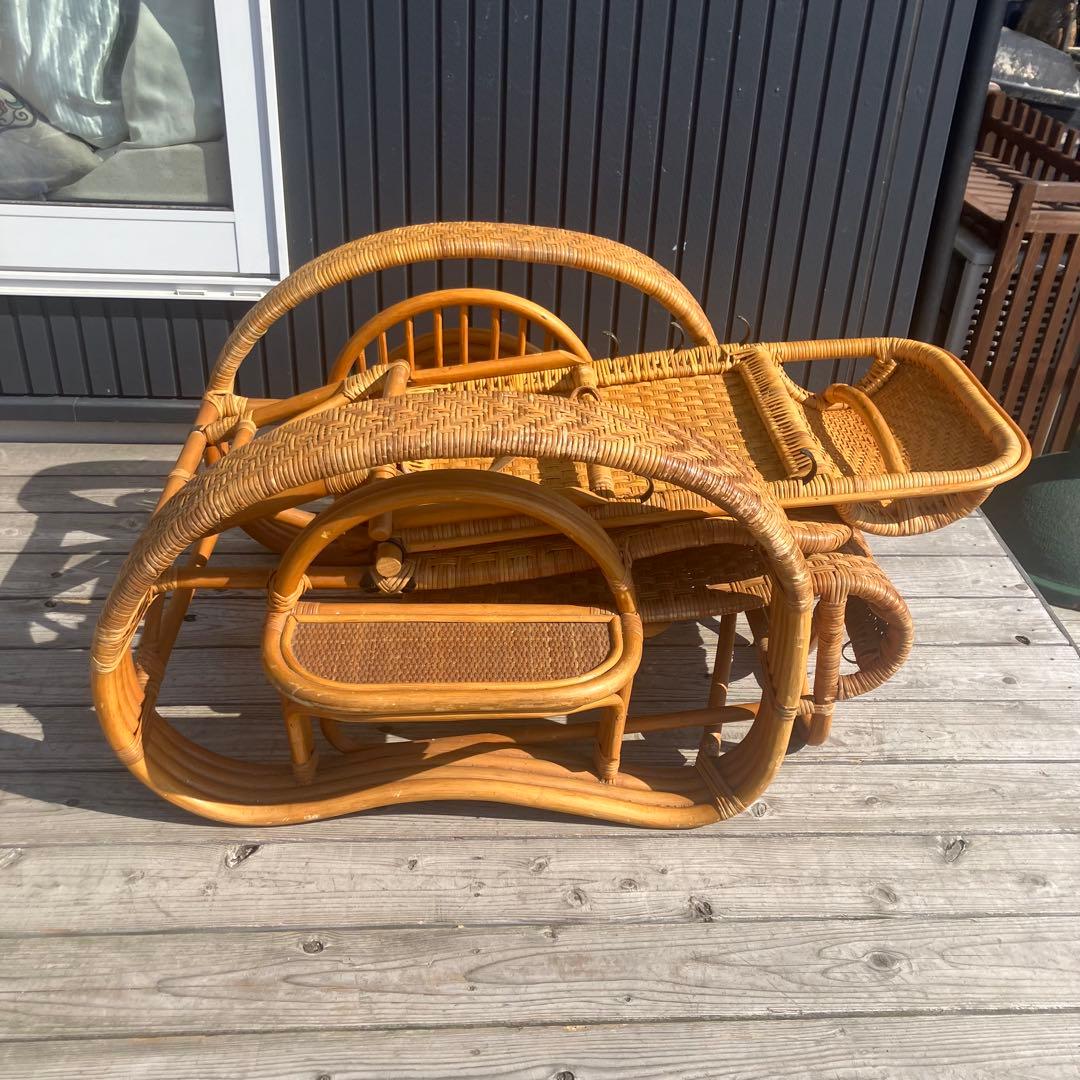 昭和レトロ ラタンリクライニングチェア オットマン付き 1人掛けソファー 古家具