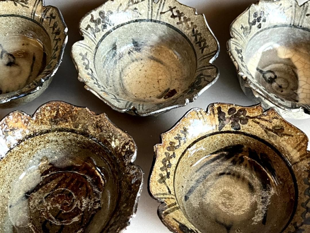 鉢□古唐津向付 5客 粉引絵唐津 菖蒲 花形 割山椒 古美術 時代物 骨董