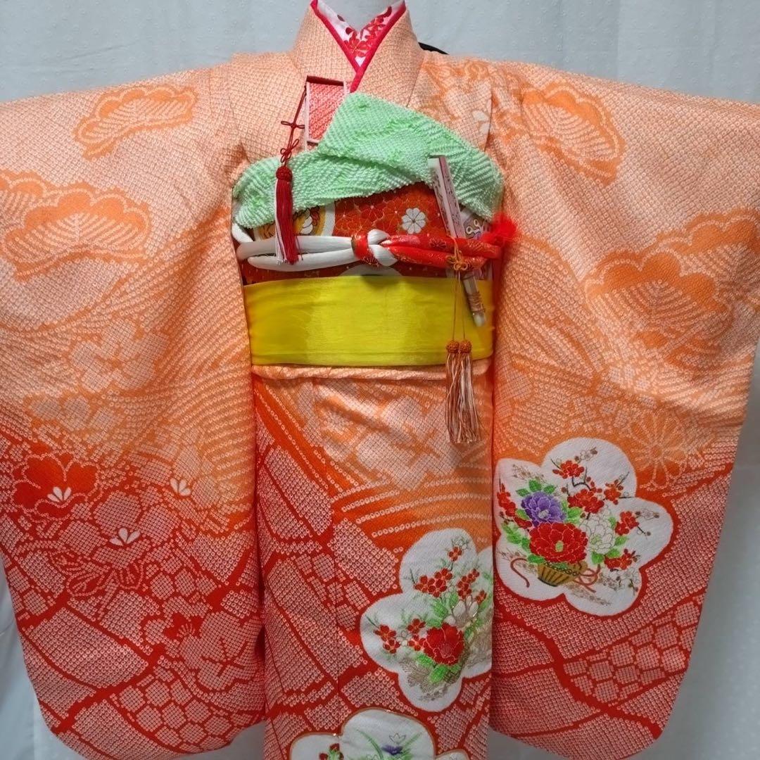 七五三　7歳　着物セット　豪華総絞り風柄　 長襦袢、袋帯、小物セット18ー11