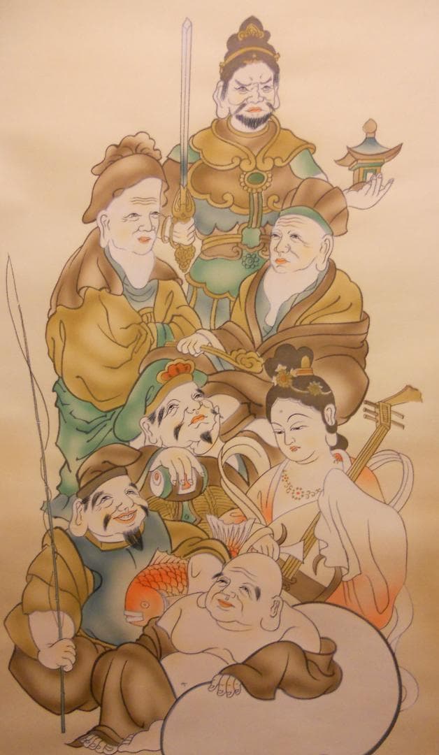 掛け軸 玉苑 七福神 絹本 希少 軸装 茶道具 掛軸 美品 です。