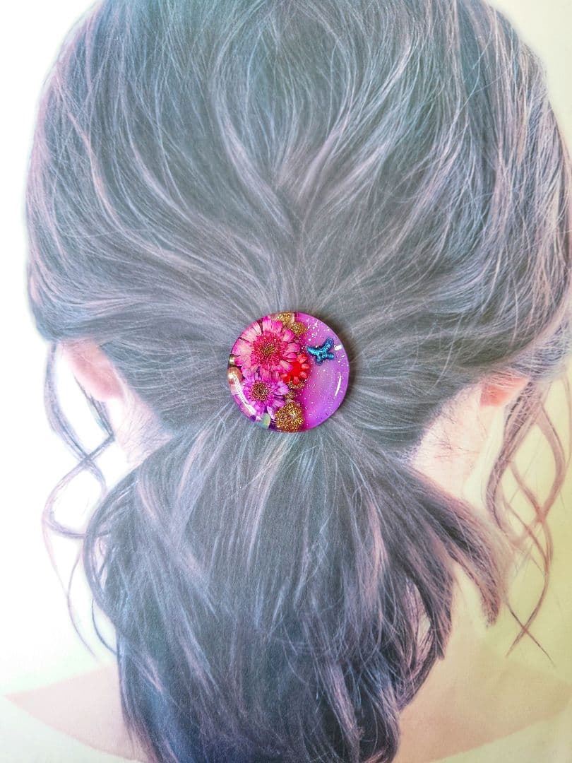 レジン　猫　ドライフラワー　ヘアゴム　ブローチ　ポニーフック　No.491