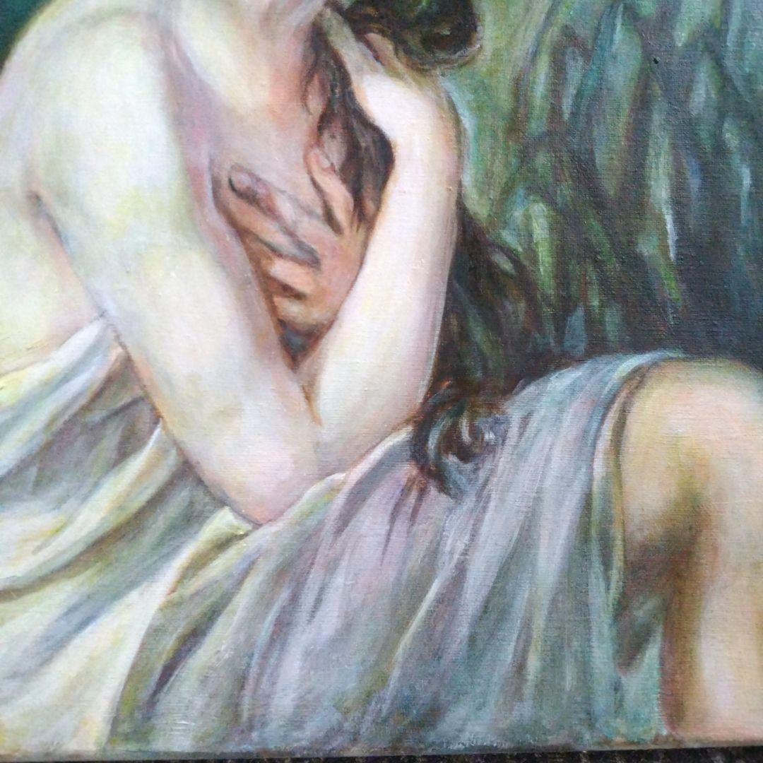 油絵８号保田三友紀の巨匠名画の模写、水浴びする少女 ヴィンテージゴールド額縁付き