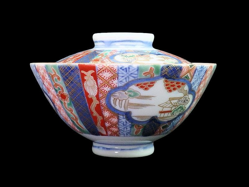 九谷 大聖寺伊万里 金襴手 山水 紋章の図 蓋茶碗 2客 361AS-DAl