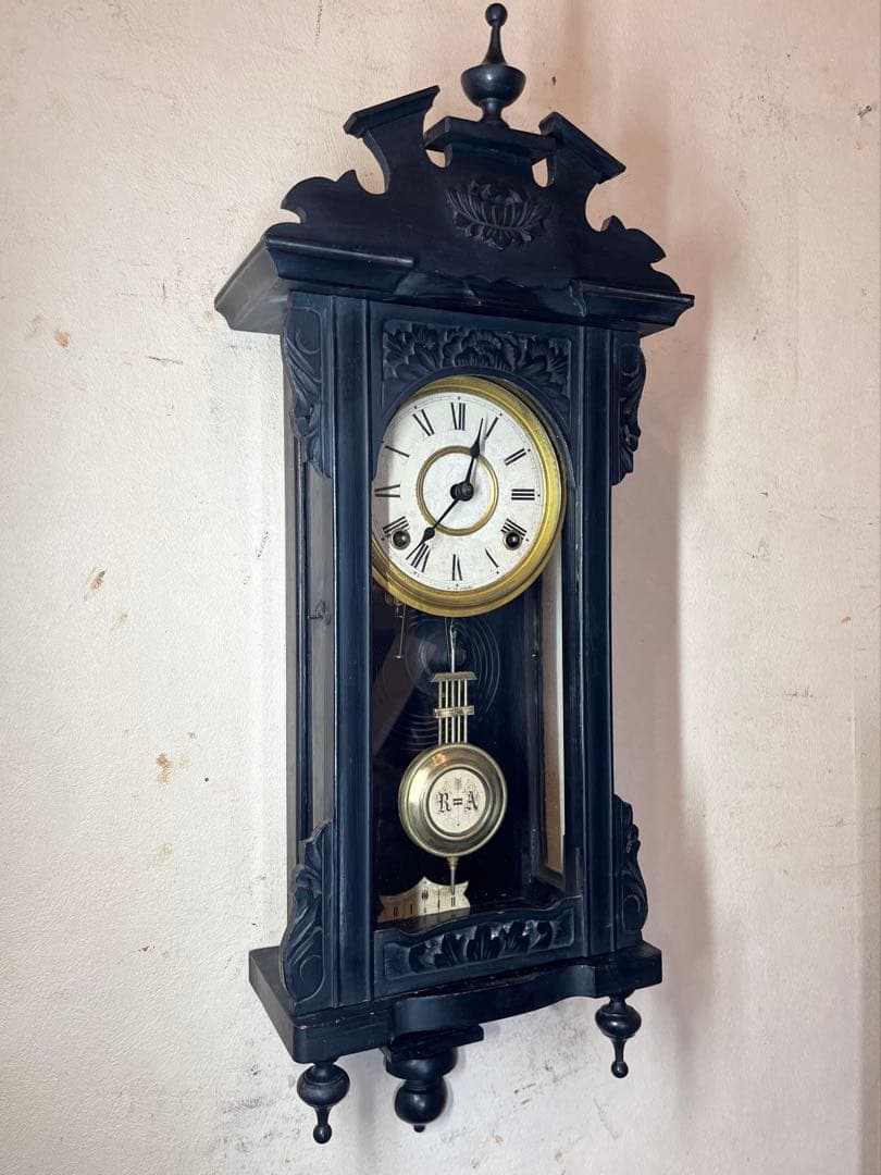 ミニチュア　黒塗スリゲル　柱時計　古時計　振り子　精工舎　ユンハンス　ゼンマイ