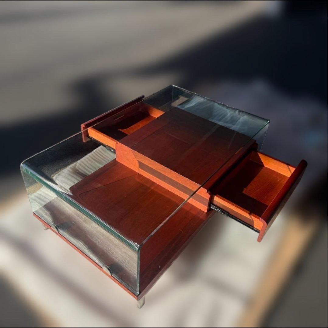 収納つき レトロモダン 強化ガラス ローテーブル 訳あり激安品