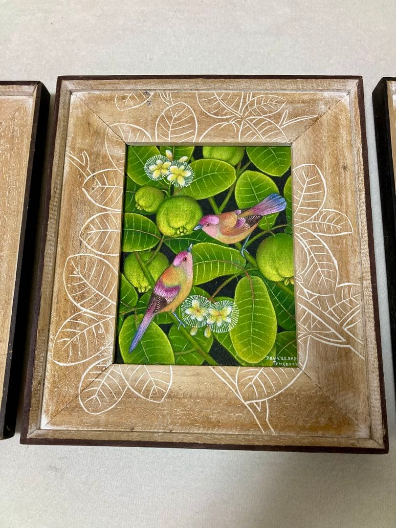 バリアート 花鳥3枚セット ウブド 絵画 油絵 額付き バリ島 - メルカリ