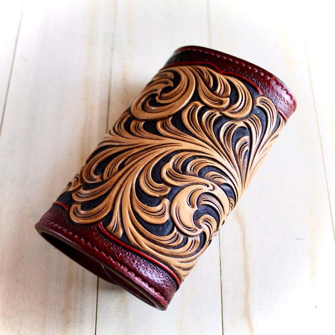 (受注制作)キーケース【カービング/ダークレッド染色】