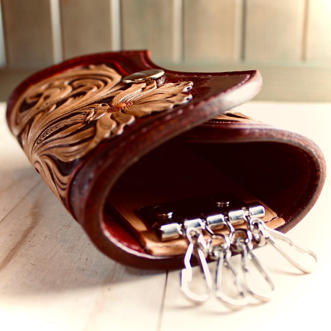 (受注制作)キーケース【カービング/ダークレッド染色】