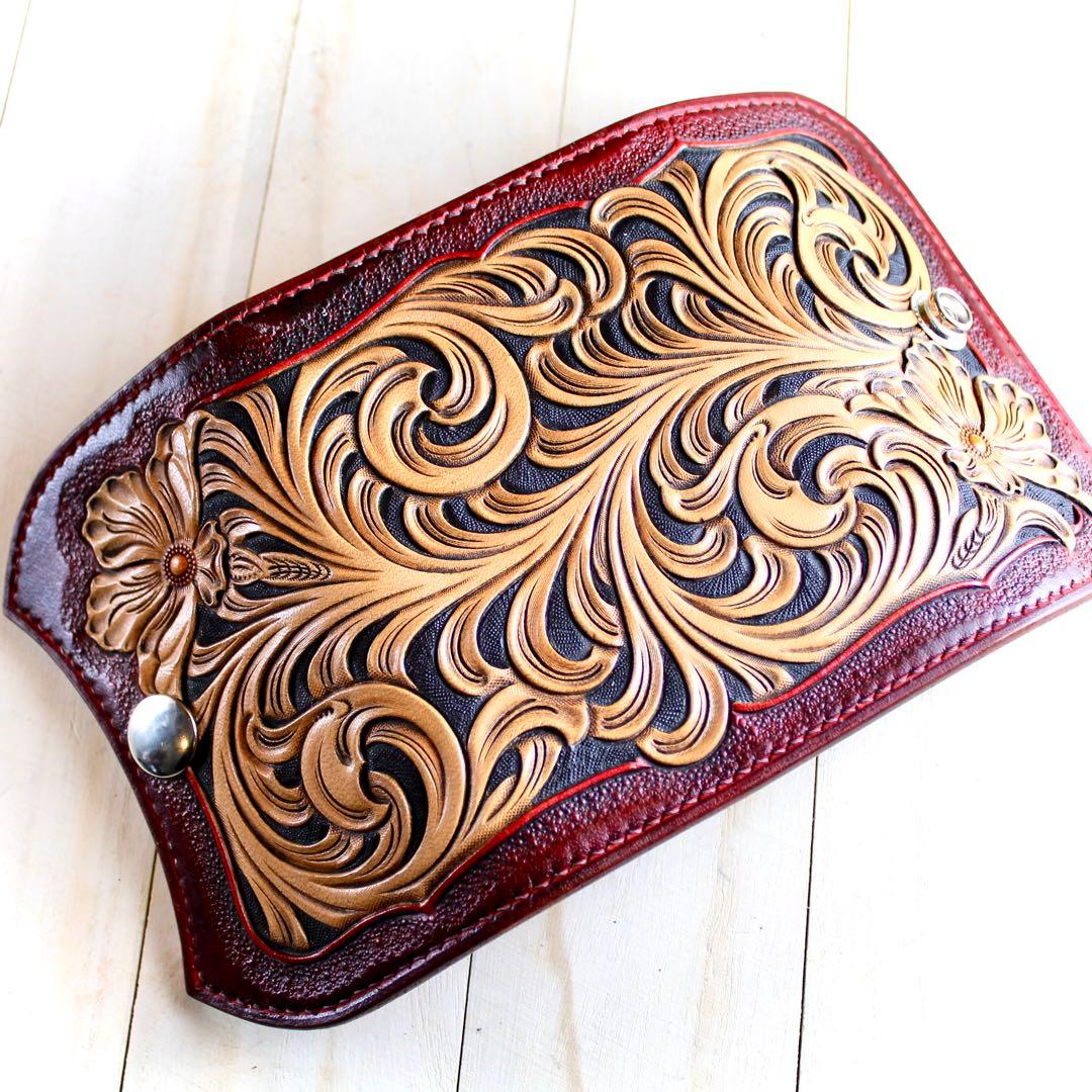 (受注制作)キーケース【カービング/ダークレッド染色】