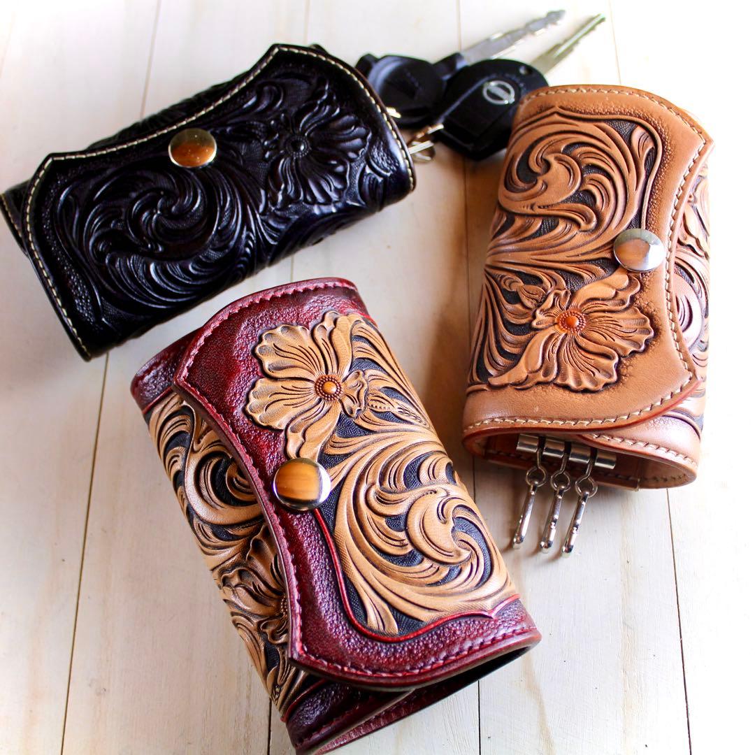 (受注制作)キーケース【カービング/ダークレッド染色】