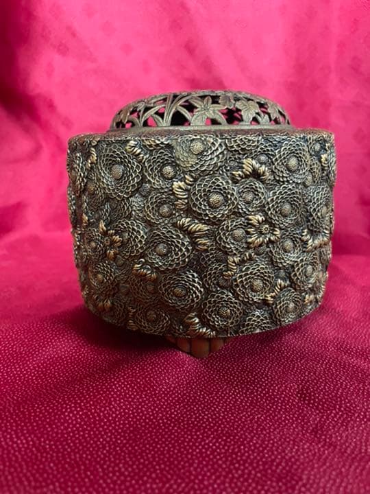 香爐 菊華 名匠 佐野宏采 高岡銅器 花彫刻 銅香炉 茶道具