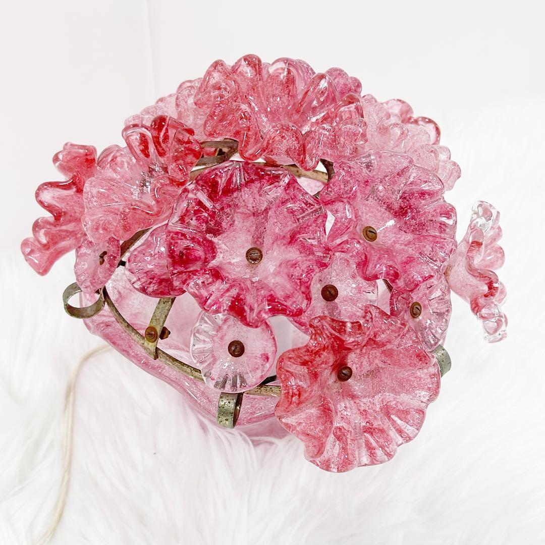 岩田工芸ガラス 照明 ランプ ピンク 花柄 日本製 レトロ　花ガラスアンティーク