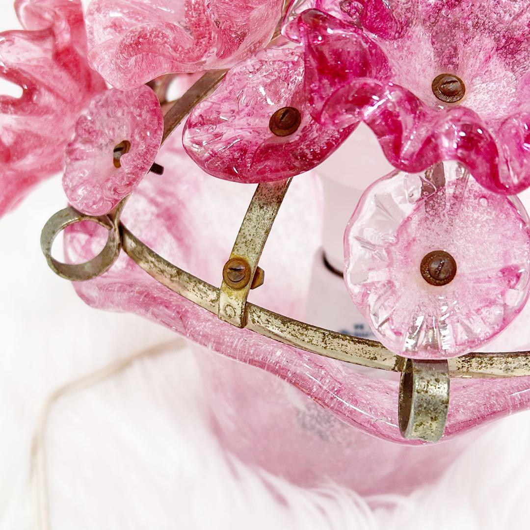 岩田工芸ガラス 照明 ランプ ピンク 花柄 日本製 レトロ　花ガラスアンティーク